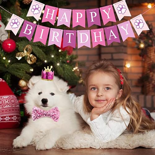 Qpets Dog Birthday Party Set, Paw-print Dog Birthday Banner Dog Birthday Bandanas, Doggie Sequine Bow Ties, Crown Birthday Hat, Golden Number Decorations Birthday Party for Dogs, Pink Qpets Dog Birthday Party Set, Paw-print Dog Birthday Banner Dog Birthday Bandanas, Doggie Sequine Bow Ties, Crown Birthday Hat, Golden Number Decorations Birthday Party for Dogs, Pink